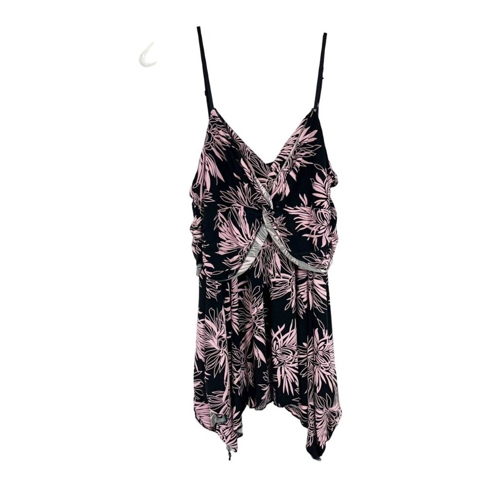 Vintage Y2K Black Pink Floral Twist Front Asymmetrical Hem Tank Top Fairy MEDIUM